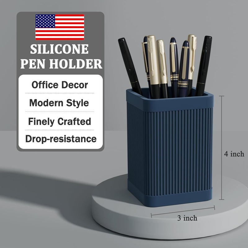 HighHerz Aesthetic Pen Holder For Desk, Modern Silicone Pencil Holder, Stylish Office Desk Decor, Made of 5 mm Thickened Premium Silicone, Office Desk Organizer And Accessories (Dark Blue) - Image 3